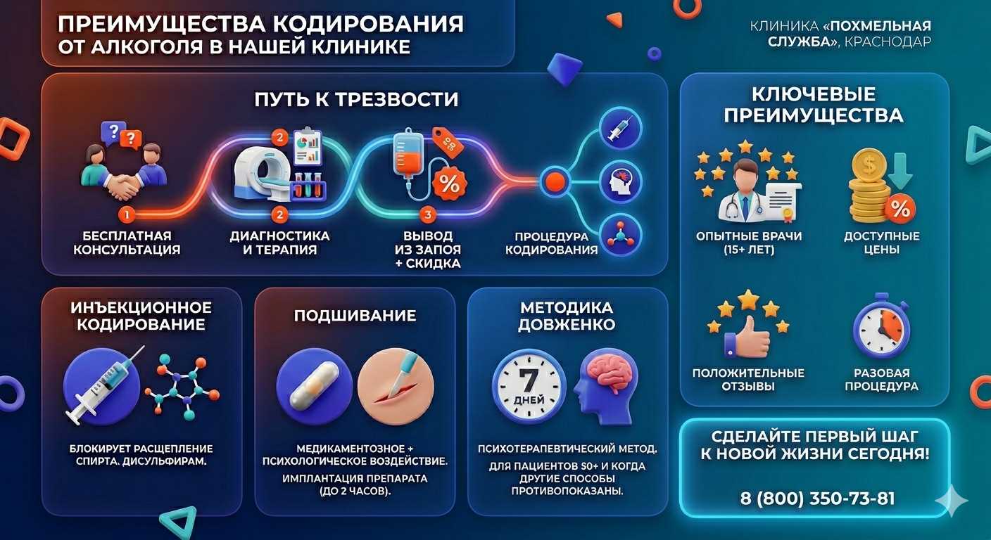 Инфографика о методах кодирования от алкоголя в Видном: инъекции, подшивание, метод Довженко. Преимущества клиники и этапы лечения.
