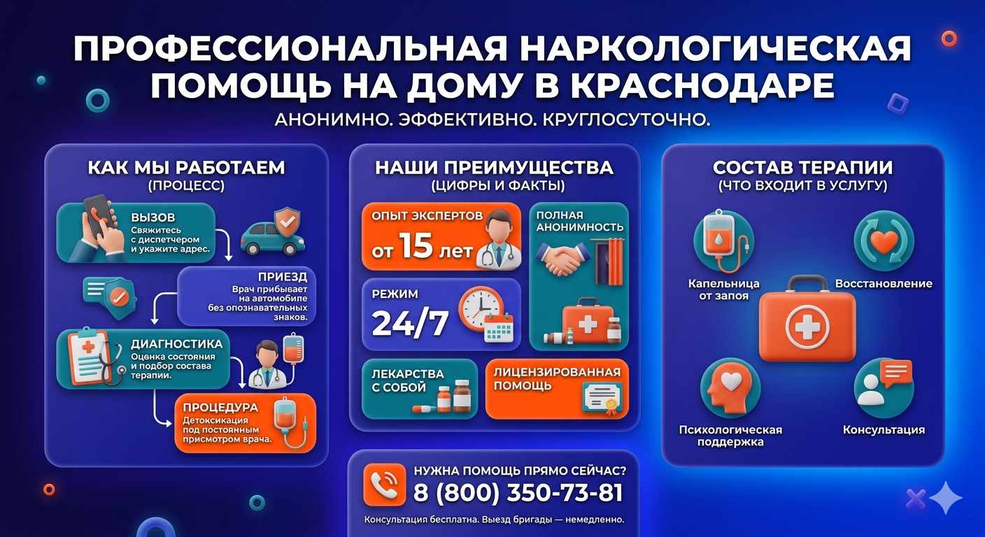 Инфографика о принципах лечения алкоголизма на дому в Видном: этапы вызова нарколога, преимущества анонимной детоксикации и состав медицинской помощи.